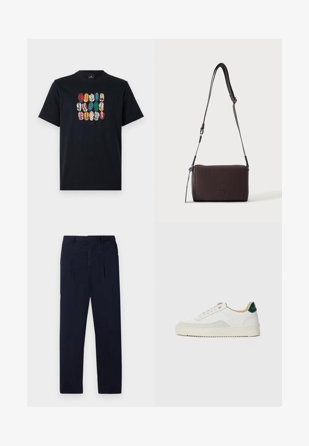 T-shirt en coton noir avec un graphique coloré représentant différentes lèvres dans divers motifs et couleurs sur le devant. Encolure ronde, manches courtes.; Pantalons bleu marine en tissu léger avec une taille plate, deux plis et une fermeture à bouton standard au niveau de la taille.; Baskets blanches avec des accents en daim, bout arrondi, lacets plats et semelle en caoutchouc crème. Présente une marque verte sur le talon.; Sac bandoulière en cuir marron foncé texturé avec une sangle réglable et un petit accent décoratif bleu sur le côté.