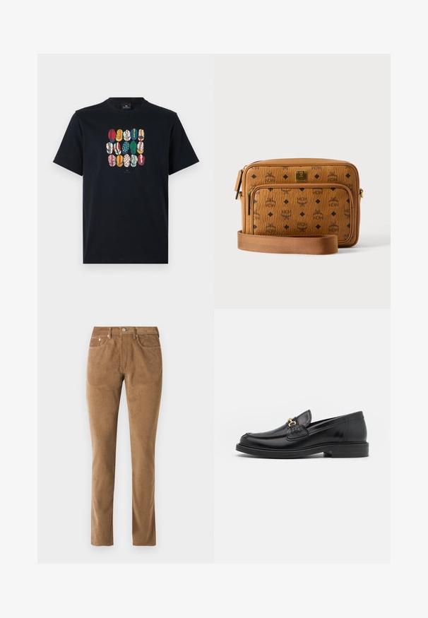 T-shirt en coton noir avec un graphique coloré représentant différentes lèvres dans divers motifs et couleurs sur le devant. Encolure ronde, manches courtes.; Pantalons en velours côtelé marron avec une coupe ajustée, comprenant cinq poches, une fermeture à bouton et un détaillage cousu le long des coutures.; Mocassins en cuir noir avec un embout rond, présentant des accents en métal doré et des détails de couture, montés sur une semelle en caoutchouc texturé et basse.; Sac bandoulière en cuir fauve avec logos MCM noirs, poche avant zippée, plaque dorée et sangle en tissu réglable sur fond blanc.