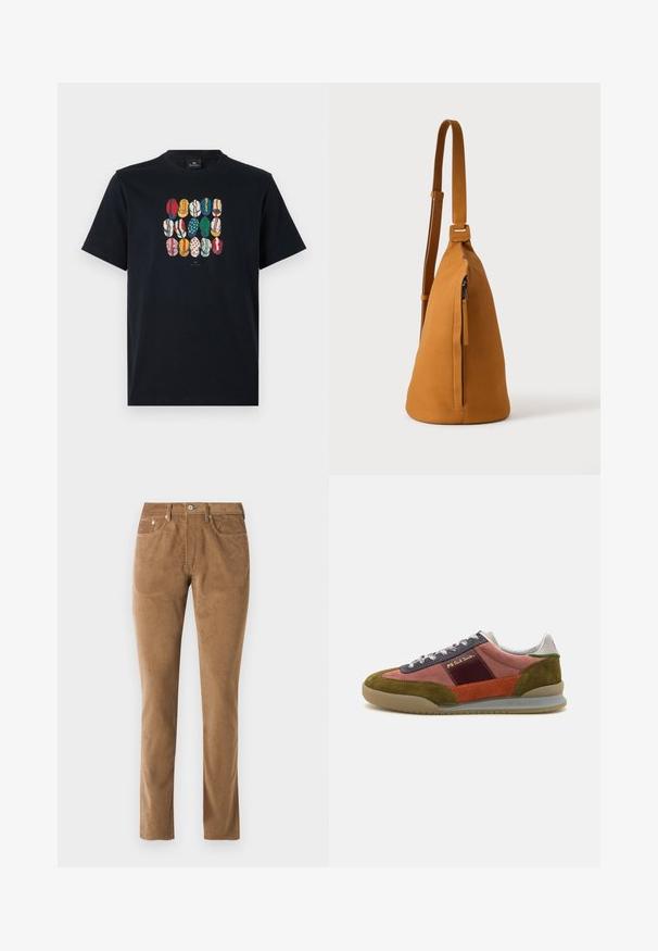 Camiseta de algodón negra con un gráfico colorido de varios labios en diferentes patrones y colores en la parte frontal. Cuello redondo, mangas cortas.; Pantalones de pana marrones con un corte ajustado, que cuentan con cinco bolsillos, cierre de botón y detalles de costura a lo largo de las costuras.; PS Paul Smith DOVER - Zapatillas - pink; Bolso bandolera de piel color canela con correa ajustable y bolsillo vertical con cremallera, mostrado de lado sobre un fondo claro y liso.