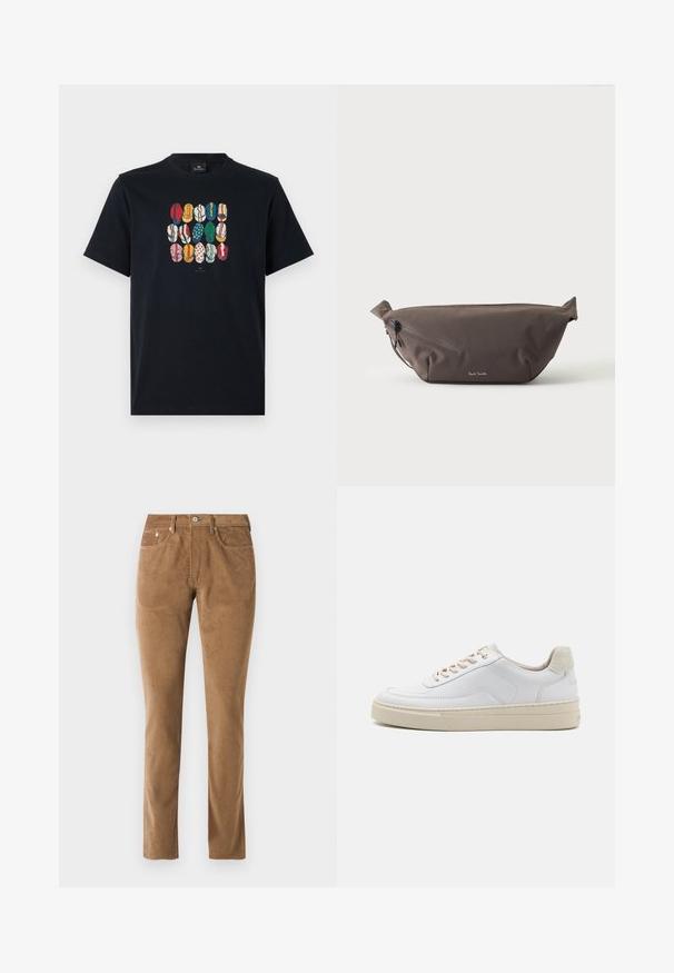 Zwarte katoenen t-shirt met een kleurrafische afbeelding van verschillende lippen in diverse patronen en kleuren op de voorkant. Ronde halslijn, korte mouwen.; Bruine corduroy broek met een slim fit, voorzien van vijf zakken, een knoopsluiting en gestikte details langs de naden.; Witte sneaker met een gevoerd leren bovenwerk, beige veters en een gestructureerde beige suede hieltab. Verhoogde zool voor extra hoogte.; Donkerbruine stoffen heuptas met diagonale ritssluiting en klein wit logo aan de voorkant, tegen een effen lichte achtergrond.