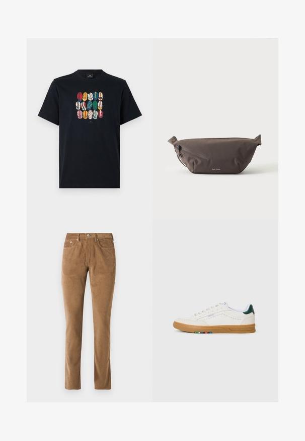 Sort bomulds T-shirt med et farverigt grafisk motiv af forskellige læber i forskellige mønstre og farver på foran. Rund halsudskæring, korte ærmer.; Brune corduroy bukser med en skræddersyet pasform, der har fem lommer, en knaplukning og syet detaljer langs sømmene.; Hvide lædersneakers med perfereret design, gummisul, grøn hælaccent og farverig stribe detalje på siden.; Mørkebrun stof talje taske med diagonalt lynlåslomme og lille hvidt logo på fronten, sat mod en ensfarvet lys baggrund.