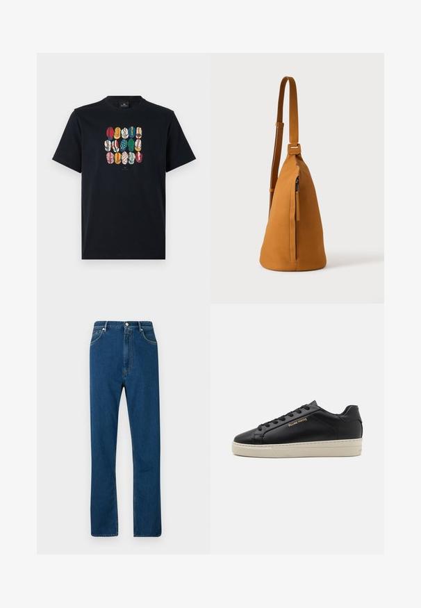 Sort bomulds T-shirt med et farverigt grafisk motiv af forskellige læber i forskellige mønstre og farver på foran. Rund halsudskæring, korte ærmer.; Blå denimjeans med høj talje, lige ben, fem lomme-design og kontrasterende orange syninger. Glat tekstur.; Sorte lædersneakers med en glat finish, kontrasterende cremefarvet sål, rund tå, guld logo på siden og seks huller til snørebånd.; Tan læder crossbodytaske med justerbar rem og lodret lynlåslomme, vist fra siden mod en ensfarvet lys baggrund.