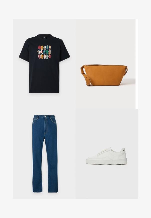 Schwarzes Baumwoll-T-Shirt mit einem bunten Grafikdruck verschiedener Lippen in unterschiedlichen Mustern und Farben auf der Vorderseite. Runder Halsausschnitt, kurze Ärmel.; Blaue Jeans mit hohem Bund, geradem Schnitt, Fünf-Taschen-Design und kontrastierendem orangefarbenem Nähen. Geschmeidige Textur.; Weiße Ledersneaker mit glatter Oberfläche, runder Zehenpartie, flachen Schnürsenkeln und strukturiertem Sohlenprofil. Mit einem dezenten Logo an der Ferse.; Hellbraune Leder-Umhängetasche mit verstellbarem Schulterriemen und Reißverschluss, vor einem schlichten hellen Hintergrund gezeigt.