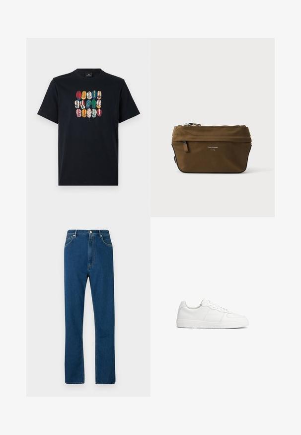 T-shirt en coton noir avec un graphique coloré représentant différentes lèvres dans divers motifs et couleurs sur le devant. Encolure ronde, manches courtes.; Jean en denim bleu avec une taille haute, une coupe droite, un style à cinq poches et des coutures orange contrastées. Texture lisse.; Baskets basses en cuir blanc à lacets à l’avant et semelle texturée, vues de profil sur un fond blanc uni.; Trousse rectangulaire marron à fermeture éclair, avec petite poche avant et texte "Tiger of Sweden 1903" sur le devant.