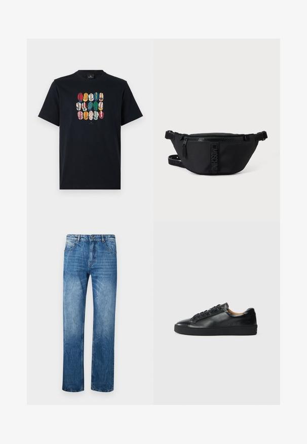 Sort bomulds T-shirt med et farverigt grafisk motiv af forskellige læber i forskellige mønstre og farver på foran. Rund halsudskæring, korte ærmer.; Blå denim jeans med lige fit, der har fem lommer, bæltestropper og subtilt slid på stoffet.; Sorte lædersneakers med en glat overflade, rund tå og snørebåndslukning. Har en tyk gummisål og minimal branddetalje.; Sort Moschino bæltetaske med frontlynlås og justerbar rem på en ensfarvet lys baggrund.