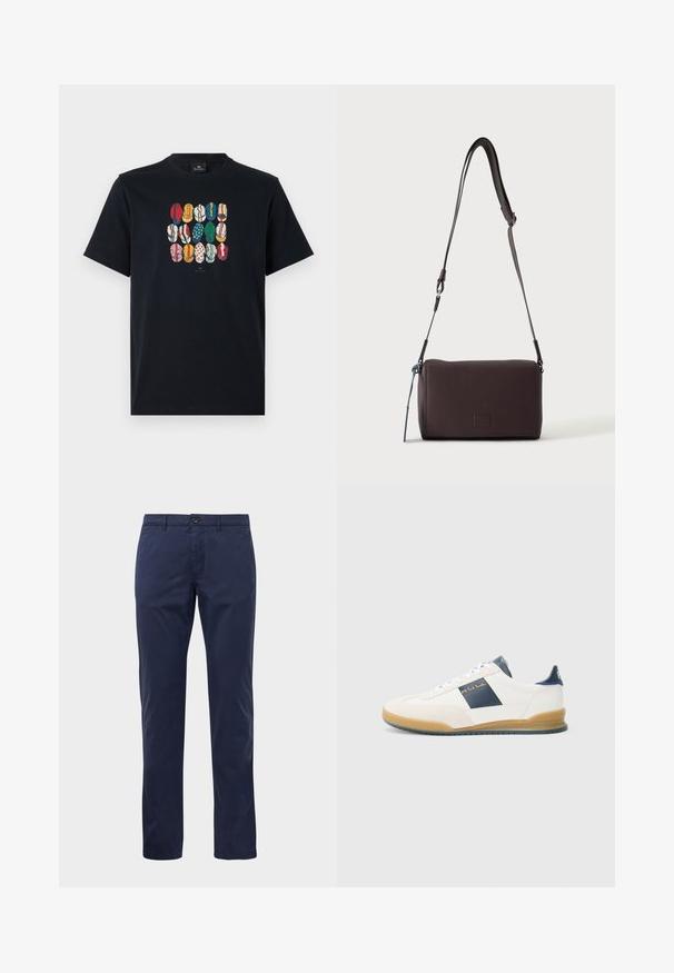 Schwarzes Baumwoll-T-Shirt mit einem bunten Grafikdruck verschiedener Lippen in unterschiedlichen Mustern und Farben auf der Vorderseite. Runder Halsausschnitt, kurze Ärmel.; Marineblaue gerade geschnittene Hose mit Knopf- und Reißverschluss, Gürtelschlaufen und seitlichen Taschen, präsentiert auf einem weißen Hintergrund.; Weiße Sneakers mit marineblauen Akzenten, aus Wildleder und Leder, runde Spitze und Gummisohle. Mit Logo an der Seite und Rückseite.; Dunkelbraune, strukturierte Leder-Crossbody-Tasche mit verstellbarem Riemen und kleinem dekorativen blauen Akzent an der Seite.