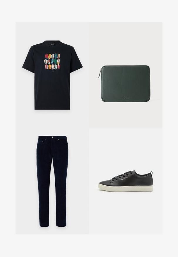 Schwarzes Baumwoll-T-Shirt mit einem bunten Grafikdruck verschiedener Lippen in unterschiedlichen Mustern und Farben auf der Vorderseite. Runder Halsausschnitt, kurze Ärmel.; Herren Slim-Fit dunkelblaue Cordhosen mit Front- und Gesäßtaschen, Gürtelschlaufen und Knopfverschluss.; Schwarze Leder-Sneaker mit runder Zehenpartie, kontrastierender weißer Gummisohle, sechs Ösen Schnürverschluss und dezenter Markenkennzeichnung an der Seite.; Dunkelgrüne, rechteckige Leder-Laptophülle mit abgerundeten Ecken und einem Reißverschluss auf der linken Seite.