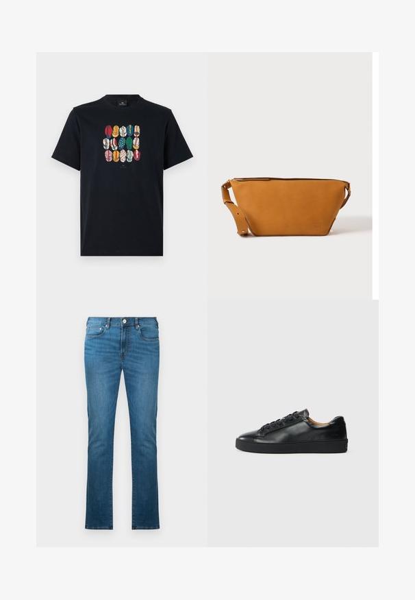 T-shirt en coton noir avec un graphique coloré représentant différentes lèvres dans divers motifs et couleurs sur le devant. Encolure ronde, manches courtes.; Jean bleu droit avec cinq poches et fermeture par bouton, présenté sur un fond blanc.; Baskets en cuir noir avec une texture lisse, bout rond et fermeture à lacets. Comprend une semelle en caoutchouc épaisse et un minimum de détails de marque.; Sac bandoulière en cuir marron clair avec sangle réglable et fermeture éclair, présenté sur un fond clair uni.