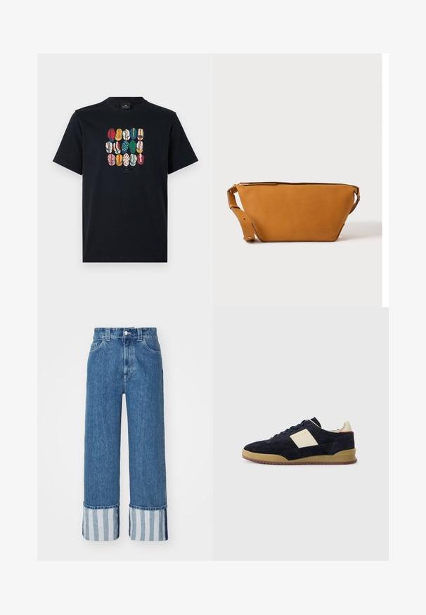 Schwarzes Baumwoll-T-Shirt mit einem bunten Grafikdruck verschiedener Lippen in unterschiedlichen Mustern und Farben auf der Vorderseite. Runder Halsausschnitt, kurze Ärmel.; Weite Denim-Jeans in Mittelblau, mit einem Saum in Blau- und Weißstreifen. Klassisches Fünf-Taschen-Design mit Knopfverschluss.; Dunkelblaue Wildledersneaker mit cremefarbenem Seitenpanel, Gummisohle und dunklen Schnürsenkeln, mit PS Paul Smith-Branding an der Seite und Ferse.; Hellbraune Leder-Umhängetasche mit verstellbarem Schulterriemen und Reißverschluss, vor einem schlichten hellen Hintergrund gezeigt.