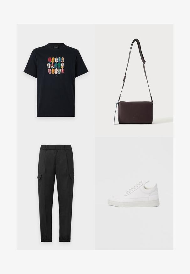 Camiseta de algodón negra con un gráfico colorido de varios labios en diferentes patrones y colores en la parte frontal. Cuello redondo, mangas cortas.; Pantalones cargo negros con una cintura elástica, pierna ajustada, bolsillos laterales y un solo bolsillo cargo en el muslo izquierdo. Textura suave.; Zapatilla blanca de cuero con punta redondeada, suela plana y cierre de cordones. Presenta detalles de costuras y un cuello acolchado para mayor comodidad.; Bolso bandolera de cuero marrón oscuro con textura, correa ajustable y pequeño adorno decorativo azul en el lateral.