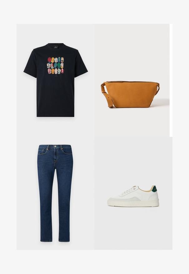 Sort bomulds T-shirt med et farverigt grafisk motiv af forskellige læber i forskellige mønstre og farver på foran. Rund halsudskæring, korte ærmer.; Mørkeblå denimjeans med lige ben, der har en klassisk fem-lomme stil og en knaplukning i taljen.; Hvide sneakers med ruskindsdetaljer, rund tå, flade snørebånd og en cremet gummisål. Har grøn branding på hælen.; Lys brun læder crossbody taske med justerbar rem og lynlås, vist mod en ensartet lys baggrund.