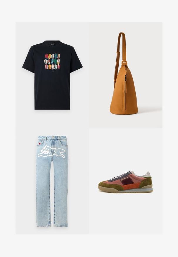 Sort bomulds T-shirt med et farverigt grafisk motiv af forskellige læber i forskellige mønstre og farver på foran. Rund halsudskæring, korte ærmer.; Icecream RUNNING DOG PANT - Jeans Straight Leg - heavy wash blue; PS Paul Smith DOVER - Sneakers - pink; Tan læder crossbodytaske med justerbar rem og lodret lynlåslomme, vist fra siden mod en ensfarvet lys baggrund.