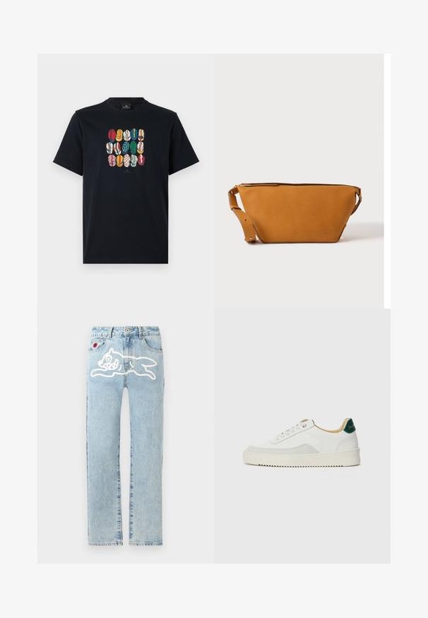 Sort bomulds T-shirt med et farverigt grafisk motiv af forskellige læber i forskellige mønstre og farver på foran. Rund halsudskæring, korte ærmer.; Icecream RUNNING DOG PANT - Jeans Straight Leg - heavy wash blue; Hvide sneakers med ruskindsdetaljer, rund tå, flade snørebånd og en cremet gummisål. Har grøn branding på hælen.; Lys brun læder crossbody taske med justerbar rem og lynlås, vist mod en ensartet lys baggrund.