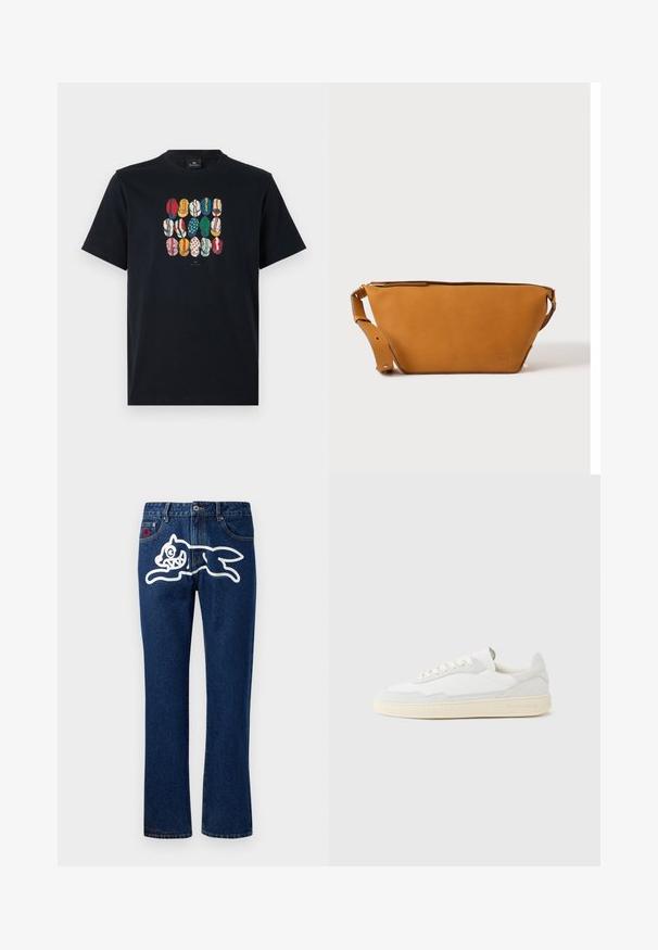 Sort bomulds T-shirt med et farverigt grafisk motiv af forskellige læber i forskellige mønstre og farver på foran. Rund halsudskæring, korte ærmer.; Blå denim jeans med lige ben, der har et stort hvidt grafisk motiv af et springende væsen på den bageste lomme. Standard femlomme-design.; Hvid sneakers med en øvre del i tekstureret ruskind og læder. Har rundet tå, snørelukning og kontrasterende beige gummisål.; Lys brun læder crossbody taske med justerbar rem og lynlås, vist mod en ensartet lys baggrund.