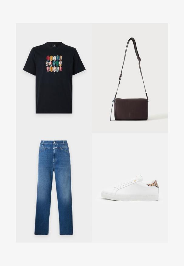 Sort bomulds T-shirt med et farverigt grafisk motiv af forskellige læber i forskellige mønstre og farver på foran. Rund halsudskæring, korte ærmer.; Blå denimjeans med lige ben, der har en knaplukning, bæltestropper og let falmning på lårene.; Hvide lædersneakers med en glat overflade, prydet med en farverig stribet detalje på hælen, guldøje og flad hvid sål.; Mørkebrun textured læder crossbody taske med justerbar rem og lille dekorativ blå accent på siden.