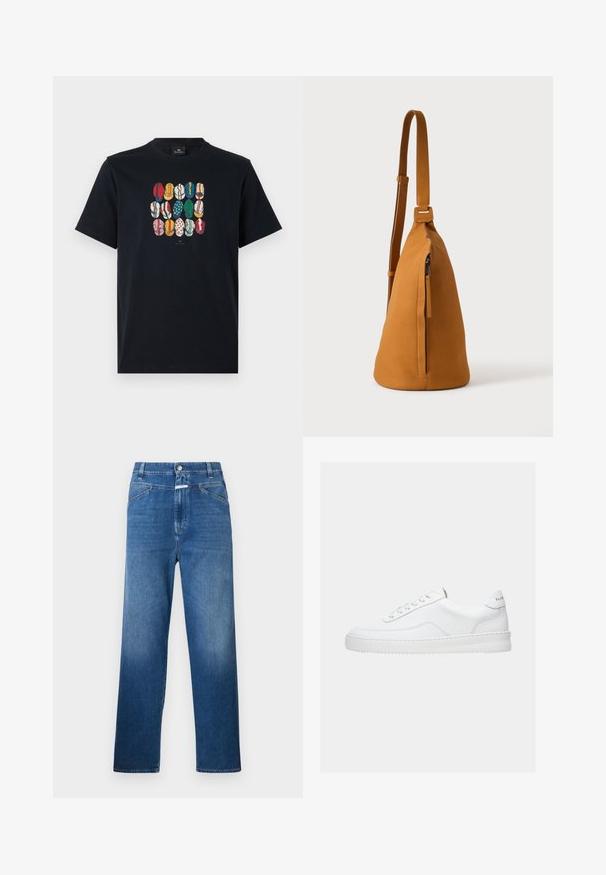 Zwarte katoenen t-shirt met een kleurrafische afbeelding van verschillende lippen in diverse patronen en kleuren op de voorkant. Ronde halslijn, korte mouwen.; Blauwe denim jeans met een rechte pijp, voorzien van een knoopsluiting, riemlussen en subtiele vervaging op de bovenbenen.; Witte lage sneaker met vetersluiting, glad leren bovenwerk en dikke zool, gezien vanuit de zijkant tegen een effen achtergrond.; Lichtbruine leren schoudertas met verstelbare band en verticale ritszak, zijaanzicht tegen een effen lichte achtergrond.