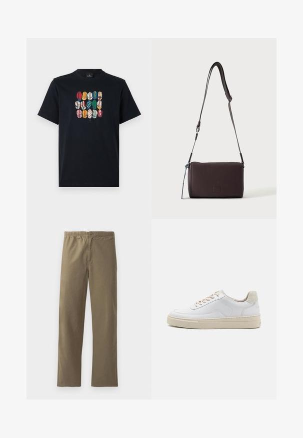 Sort bomulds T-shirt med et farverigt grafisk motiv af forskellige læber i forskellige mønstre og farver på foran. Rund halsudskæring, korte ærmer.; Khaki bukser lavet af letvægtsmateriale. Har en elastisk talje, knaplukning, lige ben og en glat overflade.; Hvide sneakers med en glat læderoverdel, beige snørebånd og en tekstureret beige ruskindsheel-tab. Hævet sål for ekstra højde.; Mørkebrun textured læder crossbody taske med justerbar rem og lille dekorativ blå accent på siden.
