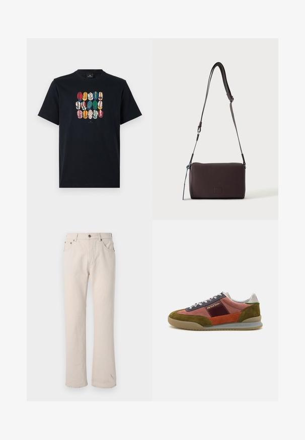 Sort bomulds T-shirt med et farverigt grafisk motiv af forskellige læber i forskellige mønstre og farver på foran. Rund halsudskæring, korte ærmer.; Beige denim jeans med lige skæring, der har fem lommer, en knaplukning og diskrete syningss detaljer ved sømmene.; PS Paul Smith DOVER - Sneakers - pink; Mørkebrun textured læder crossbody taske med justerbar rem og lille dekorativ blå accent på siden.