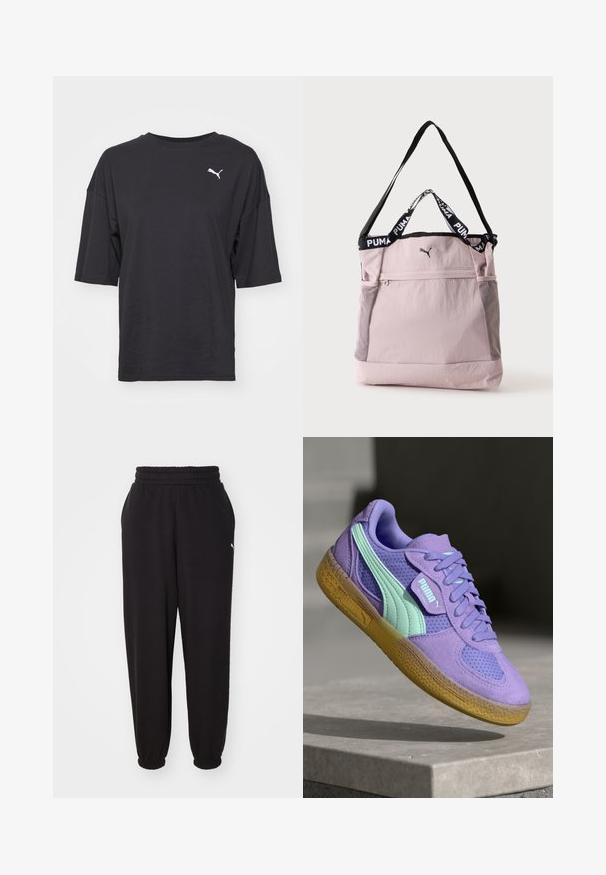 Zwarte oversized t-shirt van katoen, met korte mouwen en een ronde halslijn, voorzien van een wit Puma-logo op de linkerborst.; Zwarte sweatpants van zachte stof, met een geribde tailleband en verjongde enkels. Inclusief een klein logoaccent aan de zijkant.; Paarse suède en mesh sneaker met mintaccenten, vetersluiting en een gestructureerde gumzool. Bevat PUMA-branding aan de zijkant.; Lichtroze Puma tote-tas met zwarte schouderriem, korte handvatten met Puma-logo, voorvak met ritssluiting en zijvakken van mesh.