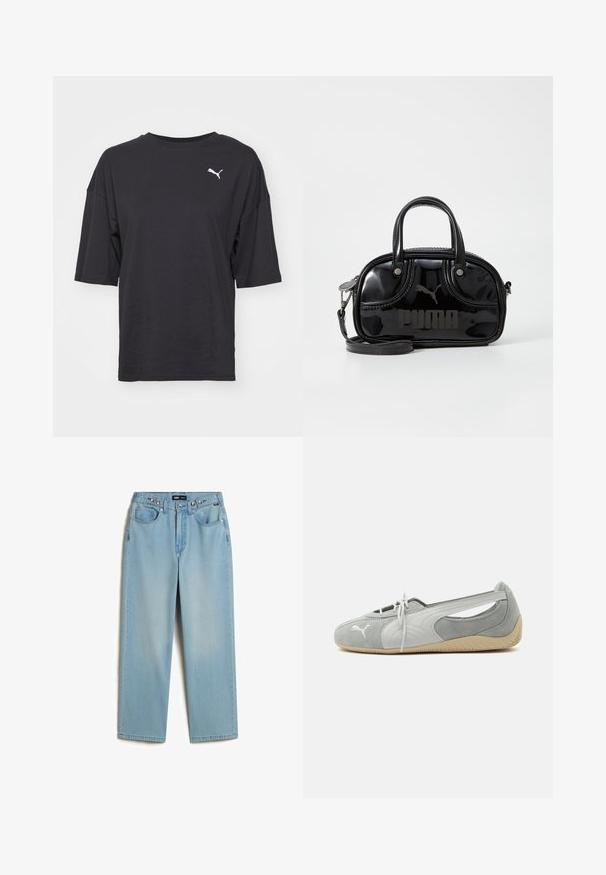 Zwarte oversized t-shirt van katoen, met korte mouwen en een ronde halslijn, voorzien van een wit Puma-logo op de linkerborst.; Vans CINCHED CHECK - Baggy jeans - light stonewash; Lichtgrijze Puma suède platte schoen met wit logo, veters aan de voorkant, uitgesneden zijkanten en beige gestructureerde zool, gezien vanaf de buitenkant.; Zwarte lakleren handtas met dubbele handvatten aan de bovenkant, afneembare schouderriem, ronde vorm en opvallend gegraveerd "PUMA" logo.