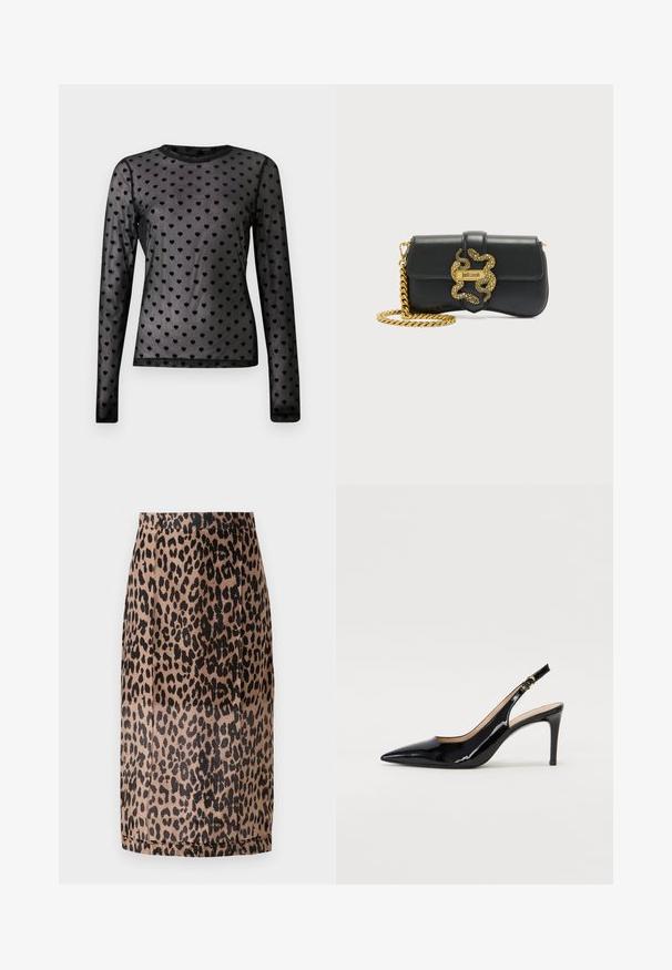 Sort langærmet gennemsigtig mesh-top med små, ensfarvede sorte hjerte mønstre over det hele og en rund halsudskæring.; Leopardmønstret blyantskirt i beige og sort. Glat stof, tætsiddende design med knælang skæring og en skjult talje. Ingen synlige lukninger.; Sort patenteret læder slingback stiletto med spids tå, slank hæl og et subtilt udskæringsdesign. Har en gylden spænde på remmen.; Sort skuldertaske i læder med guld kæderem og dekorativ spænde formet som en slange med "Just Cavalli" logo.