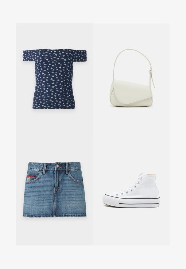 Tumes off-the-shoulder pluus ribtekstruuriga ja väikese helesinise lillemustriga. Liibuv disain rõhutab kehajoont, lühikesed varrukad.; Keskmise sinise värvi denim mini seelik, millel on pleekinud tekstuur, viis taskut ja punased õmblused. Omab nööbiga sulgemist ja vöölõikeid.; Valged kõrged tossud, millel on tekstiilmaterjal, must kummist tallat ja kontrastne must riba keskosas. Ümar varbakiht ja nöörimise disain.; Valge kunstnahast käekott, millel on struktureeritud kolmnurkne kuju, üks reguleeritav rihm ja kõverjooneline klapp.