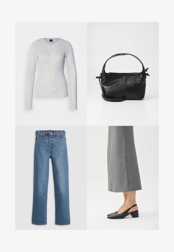 Langærmet grå top lavet af let materiale med rund halsudskæring og blød tekstur; har let udvidede manchetter.; Lys blå, lige ben jeans lavet af denim. Funktioner inkluderer en knaplukning, fem lommer og diskret slid. Ingen udsmykninger eller mønstre.; Sorte læder slingback sko med spids tå, blokhæl og kontrasterende lyserød hælafslutning. Glat tekstur med minimalistisk design.; Sort læderhåndtaske med et struktureret design, rund tophåndtag og aftagelig skulderrem. Den har en glat tekstur og en subtil glans.