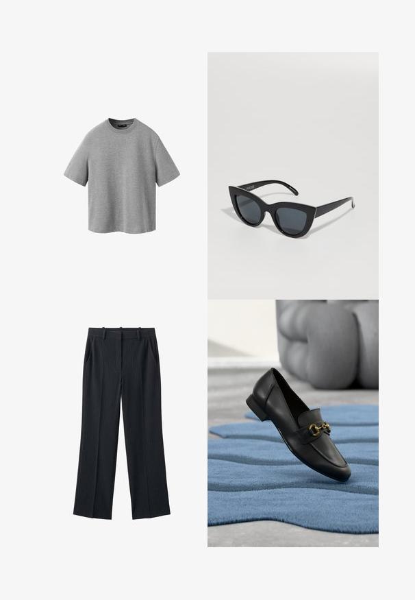 T-shirt gris uni à manches courtes et col rond avec une coupe décontractée, présenté sur un fond blanc.; Pantalon tailleur noir à fines rayures, avec passants pour ceinture, poches latérales et jambes droites et larges.; Mocassin en cuir noir avec détail de boucle dorée posé sur un tapis bleu texturé, avec en arrière-plan une sculpture grise floue.; Lunettes de soleil noires en forme de œil de chat avec des verres foncés, une monture en plastique brillant et des bords angulaires. Marque visible sur la branche gauche.