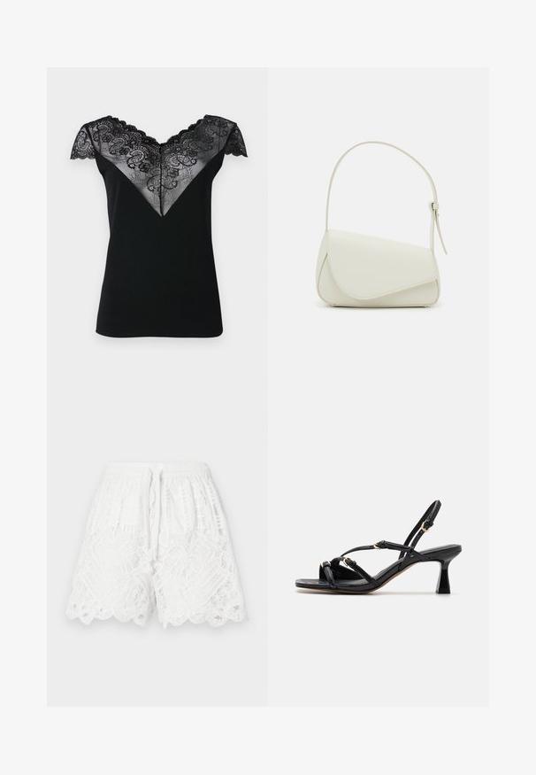 Haut noir à manches courtes avec un revêtement en dentelle en forme de V, orné de motifs floraux délicats et de bords festonnés le long de l'encolure et des manches.; Shorts blancs en dentelle avec une taille élastique, un cordon de serrage, un ourlet festonné et des motifs texturés complexes sur l'ensemble du tissu.; Call it Spring DIANAH - Sandales - black; Sac à main en cuir synthétique blanc avec une forme triangulaire structurée, une bandoulière unique réglable et un rabat à courbes accentuées.