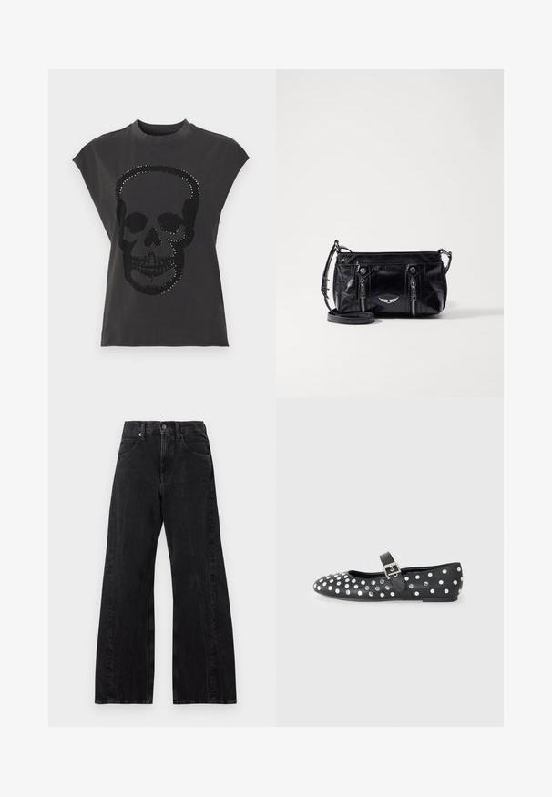 Sort kortærmet t-shirt med stort kranie-design pyntet med sølvnitter. Fremstillet i blødt stof med afslappet pasform.; Sorte jeans med høj talje og brede ben, lukning foran med knapper, bæltestropper og lommer, lagt fladt på en hvid baggrund.; Sorte læder flade sko med rund tå, prydet med sølvnitter i et prikket mønster og en spænde rem over vristen.; Sort faux læder crossbody taske med lynlåslommer, et dekorativt sølv emblem og en justerbar rem. Glossy tekstur og kompakt form.