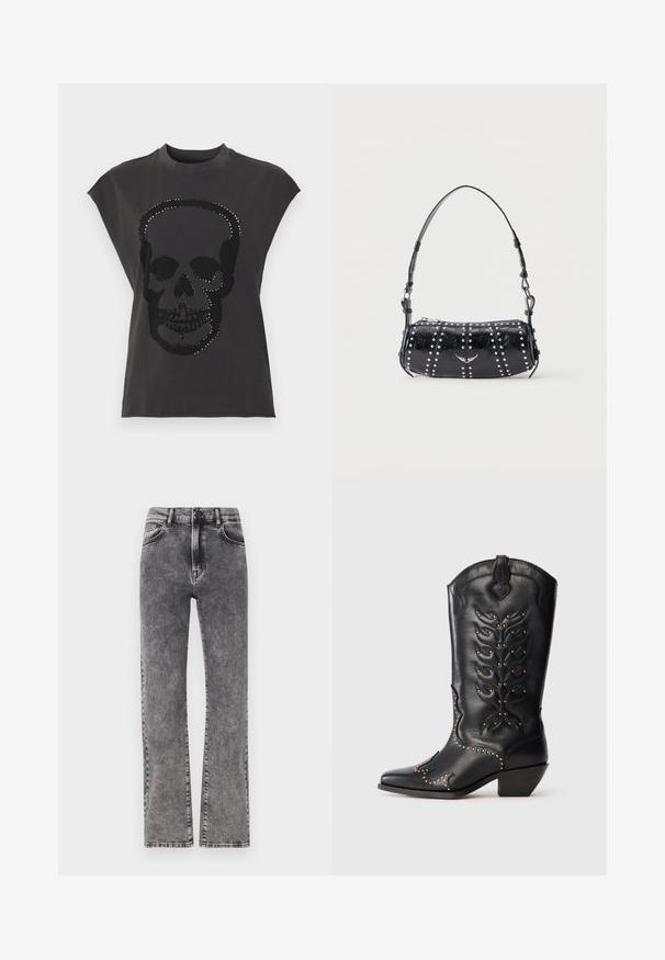 Sort kortærmet t-shirt med stort kranie-design pyntet med sølvnitter. Fremstillet i blødt stof med afslappet pasform.; Grå denim højtaljede jeans med lige ben design, der har subtil whiskering og standard fem-lomme stil.; Sort læder cowboystøvle med gulddetaljer, spids tå, dekorative sømme og en kort blokhælk. Præget bladmotiv på skaftet.; Sort skuldertaske i laklæder med sølvnitter i lodrette rækker og et lille sølvfugleemblem midt på fronten.