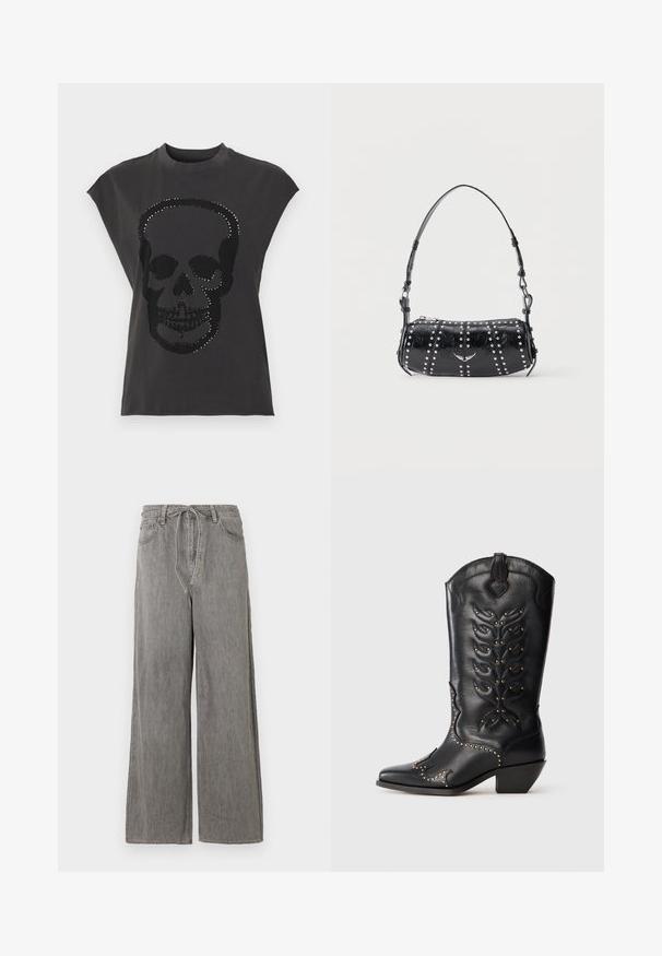 Schwarzes T-Shirt mit kurzen Ärmeln und großem Totenkopf-Design, verziert mit silbernen Nieten. Hergestellt aus weichem Stoff mit lockerem Schnitt.; Weite graue Jeans mit hohem Bund, ausgestattet mit einem Kordelzug, zwei vorderen Taschen und subtilen Nähten.; Schwarzer Cowboystiefel aus Leder mit goldfarbenen Nieten, spitzer Spitze, dekorativer Naht und kurzem Blockabsatz. Prägung mit Blattmuster am Schaft.; Schwarze Schultertasche aus Lackleder mit silbernen Nieten in vertikalen Reihen und einem kleinen silbernen Vogel-Emblem in der Mitte vorne.