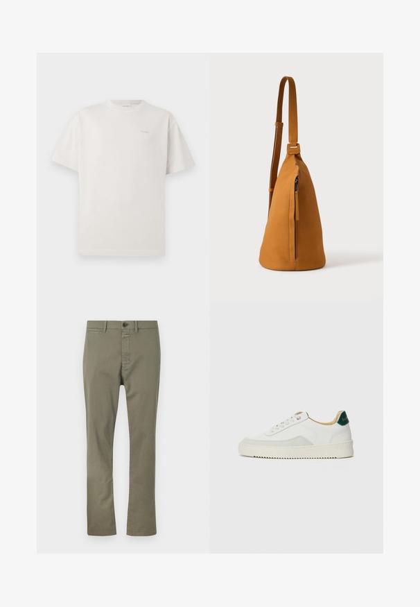 CLOSED LOGO - Základné tričko - blush pink; Olive zelené nohavice vyrobené z bavlneného zmesi, so zipsom v prednej časti, gombíkovým zapínaním a bočnými vreckami. Priamy strih s hladkou textúrou.; Biele tenisky s semišovými akcentmi, zaoblenou špičkou, plochými šnúrkami a krémovou gumovou podrážkou. Na päte sú zelené značky.; Kožená tanová taška cez rameno s nastaviteľným popruhom a vertikálnym vreckom so zipsom, zobrazená z boku na jednoduchom svetlom pozadí.
