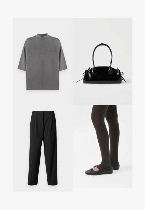 Top gris de manga corta con cuello alto. Hecho de un tejido suave y liso. Presenta un corte holgado y hombros caídos, sin estampados ni detalles.; Pantalones negros a medida con un diseño de pierna recta, que presentan una tela texturada, pliegues frontales y una cinturilla suave.; Piernas con leggings oscuros acanalados combinados con bailarinas negras que presentan pequeños detalles de lazo sobre un fondo blanco.; Pequeño bolso negro brillante con dos asas largas y detalles de cordón lateral sobre un fondo claro liso.