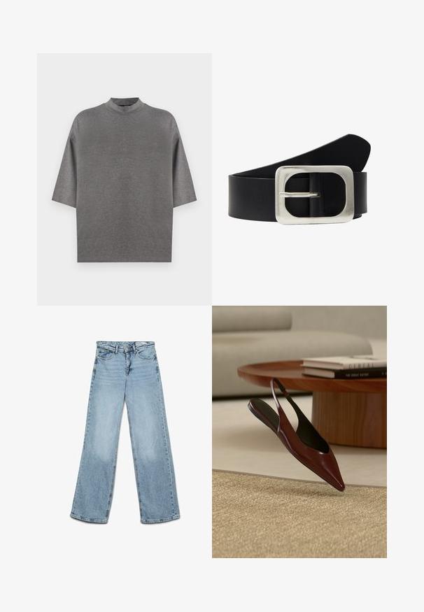 Grå kortærmet top med høj hals. Fremstillet af et blødt, glat stof. Har en løs pasform og sænkede skuldre, uden mønstre eller detaljer.; Lyseblå højtaljede jeans med vide ben, knap- og lynlås-lukning, for- og baglommer samt bæltestropper.; Mørkebrun spids slingback, flad sko svæver over et vævet beige tæppe med et rundt bord i træ og bøger i baggrunden.; Sort læderbælte med en rektangulær sølvmetal spænde. Bæltet har en glat tekstur og en tilspidset ende.