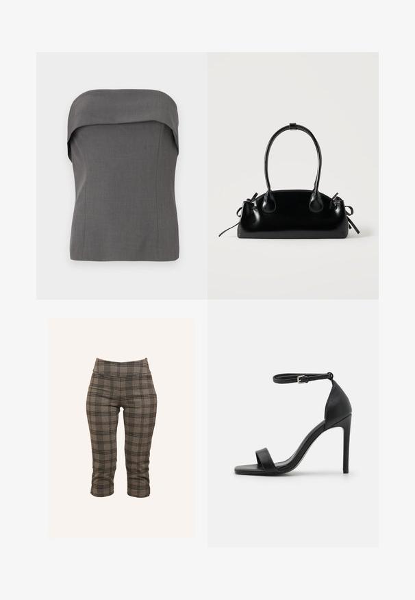 Top gris sin tirantes con un diseño plegado en el escote, ajuste estructurado y textura de tela suave. Sin patrones o componentes visibles.; Pantalones cortos de cuadros grises con una cintura elástica, corte ajustado y tejido texturizado con acentos en negro y gris más claro.; Sandalia de tacón alto negra con un diseño elegante, que cuenta con una correa en el tobillo, punta abierta y una textura de cuero suave.; Pequeño bolso negro brillante con dos asas largas y detalles de cordón lateral sobre un fondo claro liso.