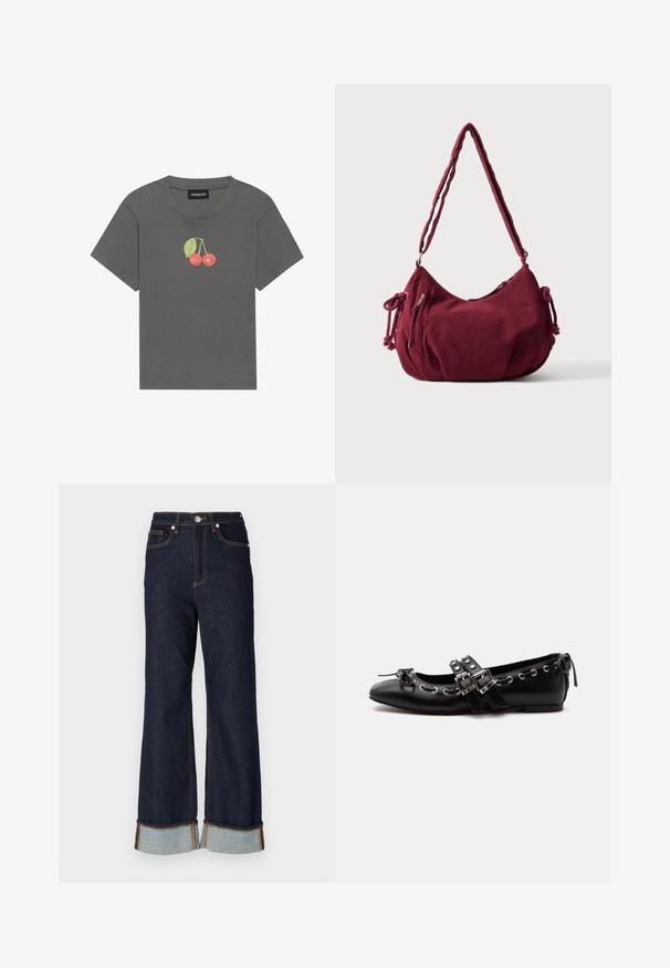 Grå ribbet T-shirt med korte ærmer, der har et lille kirsebærmotiv med blade broderet på brystet.; Mørk denim brede benbukser med raw kant, kontrasterende orange syninger og to frontlommer; opfoldede manchetter afslører lysere denim nedenunder.; Sort flad balletsko med dobbelt spænde, sølvøjer og en lille sløjfe nær den runde tå på en hvid baggrund.; Blød bordeaux kordfløjls skuldertaske med justerbar rem, lynlås lukning, sidelommer med bindebånd og en front lynlåslomme.