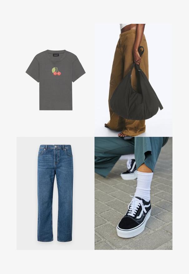 T-shirt gris à rayures avec des manches courtes, arborant un petit motif de cerise avec des feuilles brodées sur la poitrine.; Jean en denim bleu avec une coupe droite et une taille haute. Les caractéristiques incluent des poches avant, une fermeture à bouton et des détails de couture subtils.; Baskets en suède noir avec des accents et des lacets blancs, présentant une épaisse semelle blanche et des coutures contrastantes, associées à une chaussette blanche.; Personne portant un pantalon marron à jambes larges et un haut blanc tenant un grand sac à main noir souple par sa lanière à côté d'elle.