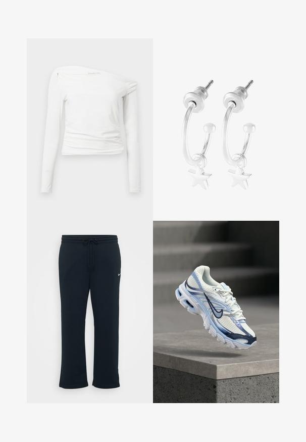 Weißes Langarmoberteil mit einem schulterfreien Design, glattem Stoff, Raffung am Schulterbereich und taillierter Silhouette.; Schwarze Jogginghose mit elastischem Bund und verstellbarem Kordelzug. Mit kleinem weißen Nike-Logo auf der linken Seite. Weicher Stoff.; Weißer und hellblauer Sportschuh mit dunkelblauem Swoosh-Logo, der über einem grauen Betonblock schwebt.; Silberne Creolen mit einem Sternanhänger, mit polierter Oberfläche und geschwungener Form, gesichert mit einem Steckverschluss.