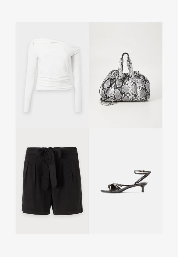 Weißes Langarmoberteil mit einem schulterfreien Design, glattem Stoff, Raffung am Schulterbereich und taillierter Silhouette.; Schwarze Baumwollshorts mit einem Bindegürtel in der Taille, Falten an der Vorderseite und Seitentaschen. Glatte Textur und lässiges Design.; Schwarze Sandale aus Lackleder mit dünnen Riemen, kleinem Kitten-Heel und verstellbarem Knöchelriemchenverschluss.; Schwarz-weiße Handtasche im Schlangenhautmuster mit zwei Griffen, einem Kordelzugverschluss und einem abnehmbaren Schultergurt. Glatte Textur.