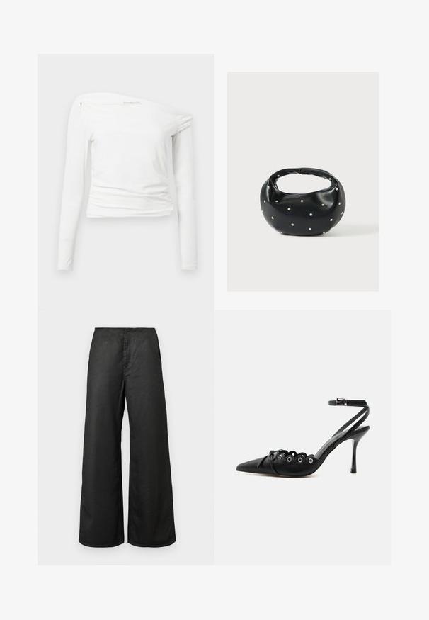 Hvid langærmet top med off-shoulder design, glat stof, samlet detalje på skulderen og en tætsiddende silhuet.; Sorte bredbenede bukser med forlommer og høj talje, lavet af et glat stof, præsenteret mod en ensfarvet lys baggrund.; Sort spids hæl med bølgede kanter, metaløjer, snørelukning foran og ankelrem med spænde.; Sort læderhåndtaske med en rundet form, dekoreret med sølvnitter, og et kort håndtag. Glat tekstur og lynlåslukning.
