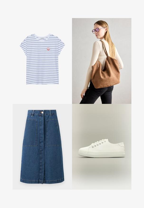 Weißes Baumwoll-T-Shirt mit navyblauen horizontalen Streifen, Rundhals und kurzen Ärmeln. Auf der linken Brust befindet sich eine rote Muschelestickerei.; Dunkelblauer Jeansrock knielang mit vorderer Knopfleiste, Gürtelschlaufen und zwei großen vorderen aufgesetzten Taschen.; Weißer Low-Top-Sneaker mit weißen Schnürsenkeln und Gummisohle, seitlich auf neutralem Hintergrund dargestellt.; Braune Wildleder-Tasche mit weicher Textur, großer Öffnung und langen Trägern. Sie verfügt über ein simples Design mit sichtbarem Stich und ohne Beschläge.