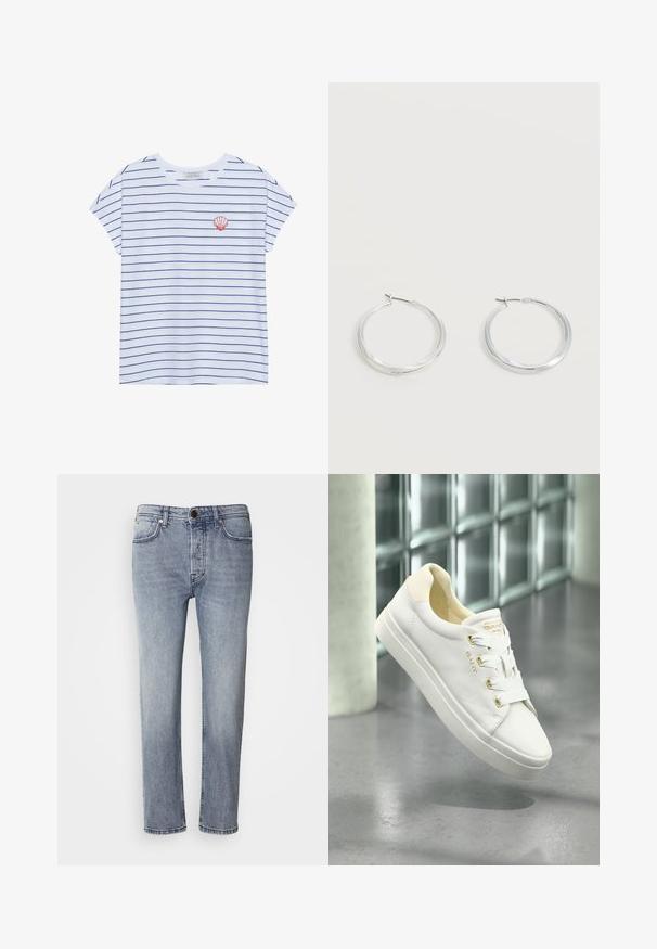 T-shirt en coton blanc avec des rayures horizontales bleu marine, col rond et manches courtes. Présente une broderie de coquillage rouge sur la poitrine gauche.; Jean en denim bleu clair avec une coupe décontractée, des jambes droites et une légère décoloration. Comprend une fermeture à bouton à l'avant et cinq poches pour plus de praticité.; Baskets blanches en cuir avec une texture lisse, bout rond et semelle plate. Comprennent des accents dorés et des lacets blancs pour un maintien sécurisé.; Boucles d’oreilles créoles en métal argenté avec une surface lisse légèrement incurvée et des fermoirs à clapet sur un fond blanc uni.