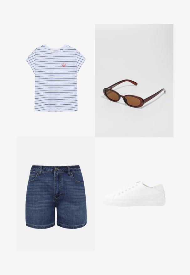 Hvid bomulds T-shirt med marineblå vandrette striber, rund halsudskæring og korte ærmer. Har en rød muslingebrodering på venstre bryst.; Mørkeblå denimshorts med knaplukning foran, lynlås, bæltestropper og forlommer, vist mod en hvid baggrund.; Hvide kanvas sneakers med lavt design, rund tå, seks snørehuller og en struktureret gummisål. Glat materiale med minimale detaljer.; Runde, bruntonede solbriller med en glansfuld bordeauxramme. Slanke arme med diskret brandingdetalje. Flad linsedesign.