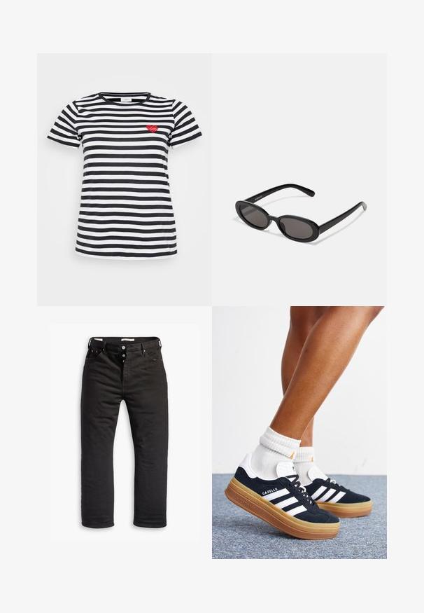 Schwarz-weißer gestreifter T-Shirt mit Rundhalsausschnitt und kurzen Ärmeln, mit einer kleinen roten Herzstickerei auf der linken Brust.; Schwarze Denim-Jeans mit geradem Bein, ausgestattet mit einem Knopfverschluss, fünf Taschen und dezentem Stickdetail. Angenehme Textur.; Beine mit weißen Socken und schwarzen Adidas Gazelle Sneakers mit weißen Streifen und dicken braunen Sohlen auf einem grauen Teppichboden.; Even&Odd Sonnenbrille - black