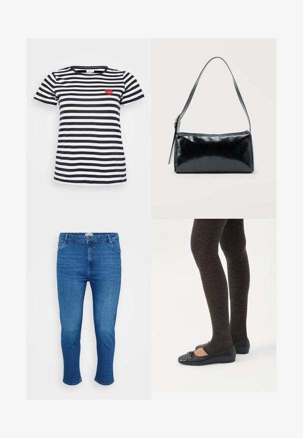 Zwart-wit gestreepte T-shirt met een ronde hals en korte mouwen, voorzien van een kleine rode hartborduursel op de linkerkant van de borst.; Blauwe denim jeans met een hoge taille, voorknop en rits, vijf zakken en een slim rechte pasvorm.; Benen met donkere geribbelde leggings gecombineerd met zwarte ballerina's met kleine strikdetails op een witte achtergrond.; Zwarte rechthoekige schoudertas met een enkele verstelbare band en een bovenste ritssluiting op een effen achtergrond.