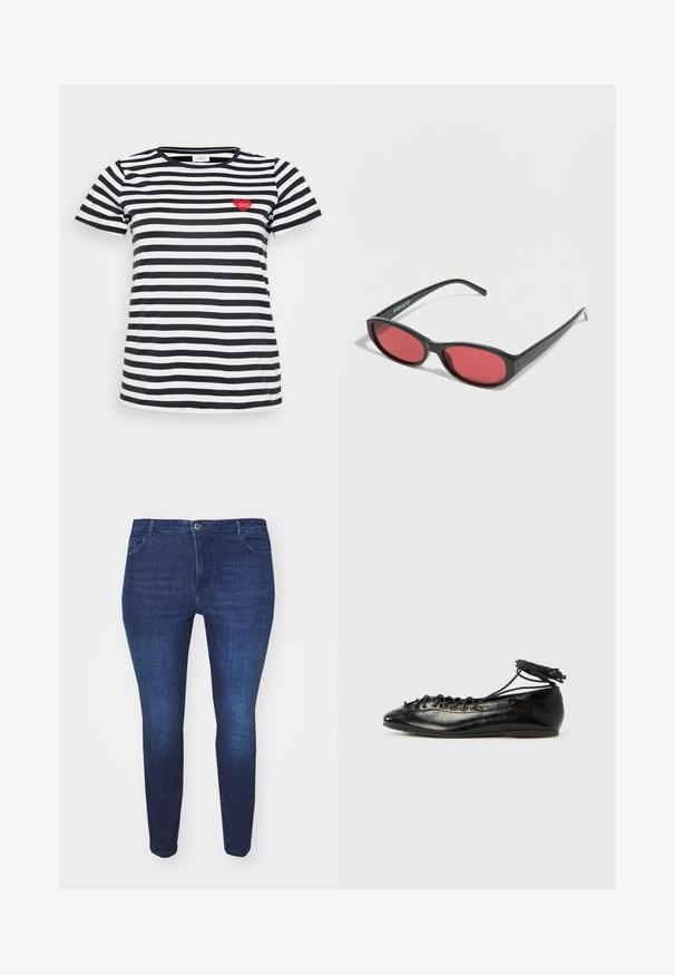 Sort og hvid stribet t-shirt med rund hals og korte ærmer, med en lille rød hjertebrodering på venstre bryst.; Mørkeblå slim-fit denim jeans med frontknap og lommer, vist fra forsiden mod en hvid baggrund.; Sorte balletflade sko i laklæder med rundet tå, snørelukning og flad sål. Glat tekstur med få detaljer.; Sorte ovale solbriller med tynde arme og rødtonede linser, der ligger på en hvid overflade.