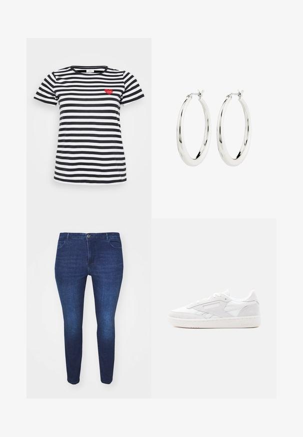 Sort og hvid stribet t-shirt med rund hals og korte ærmer, med en lille rød hjertebrodering på venstre bryst.; Mørkeblå slim-fit denim jeans med frontknap og lommer, vist fra forsiden mod en hvid baggrund.; Hvid lav Reebok-sneaker med ruskindsoverlejringer, snøredesign og tekstureret gummisål på en simpel lys baggrund.; Sølvøreringe i form af hoops med en glat, blank finish. Cirkulær form, der har en sikker lås. Simpelt og elegant design.
