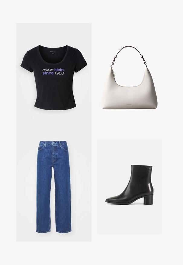 Zwarte katoenen t-shirt met een nauwsluitend ontwerp, ronde halslijn, korte mouwen en witte en paarse tekst met "calvin klein sinds 1968."; Blauwe denim wijde benen jeans met een hoge taille, voorzien van een rits en knoopsluiting, riemlussen en subtiele vervagingdetails op de stof.; Zwarte leren enkellaars met een puntige neus en een blokhak van gemiddelde hoogte. Gladde textuur en minimalistisch ontwerp. Geen zichtbaar beslag.; Romige Calvin Klein leren schoudertas met gebogen bovenrand, zilveren rits en donkerbruine verstelbare riem.
