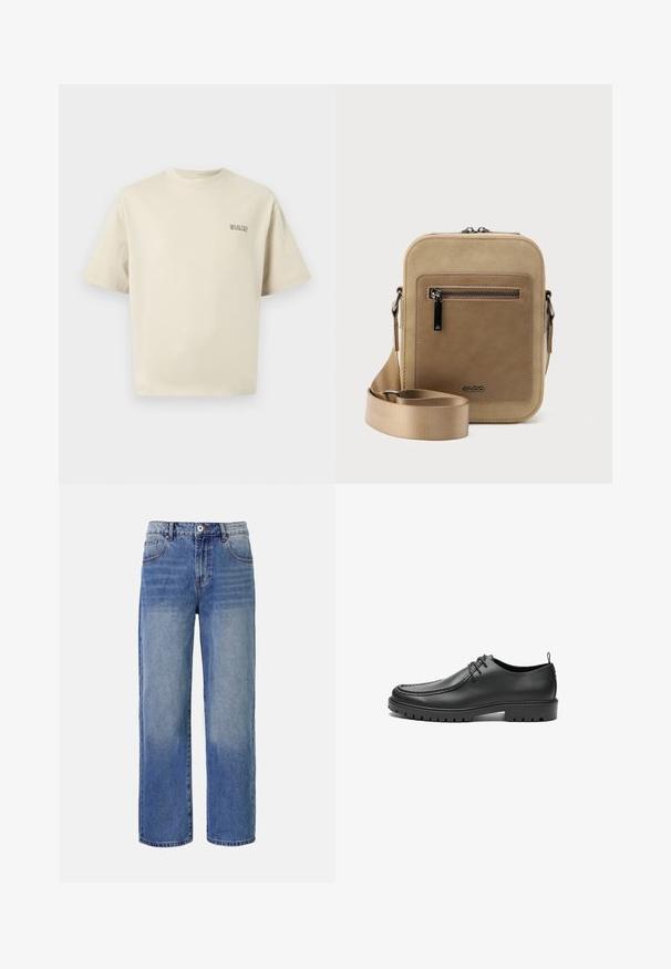 Beige Baumwoll-T-Shirt mit kurzen Ärmeln, rundem Ausschnitt und kleinem "SELECTED"-Logo auf der linken Brust. Glatte Textur.; Helle blaue Denim-Jeans mit weitem Bein, einem Ausbleichungsmuster, fünf Taschen und einem Reißverschluss. Mit einem Knopf und Gürtelschlaufen an der Taille.; Schwarze Lederschuhe mit glatter Oberfläche, runder Zehenform und dekorativer Naht. Mit einer Gummisohle mit Traktionsrillen und Schnürdesign.; Kleine beige Umhängetasche mit vorderer Reißverschlusstasche, metallischem ALDO-Logo, verstellbarem breitem Riemen und abgerundeter rechteckiger Form vor weißem Hintergrund.